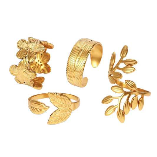 Gold Leaf Adjustable Ring Set – Botanical Nature-Inspired Statement Rings