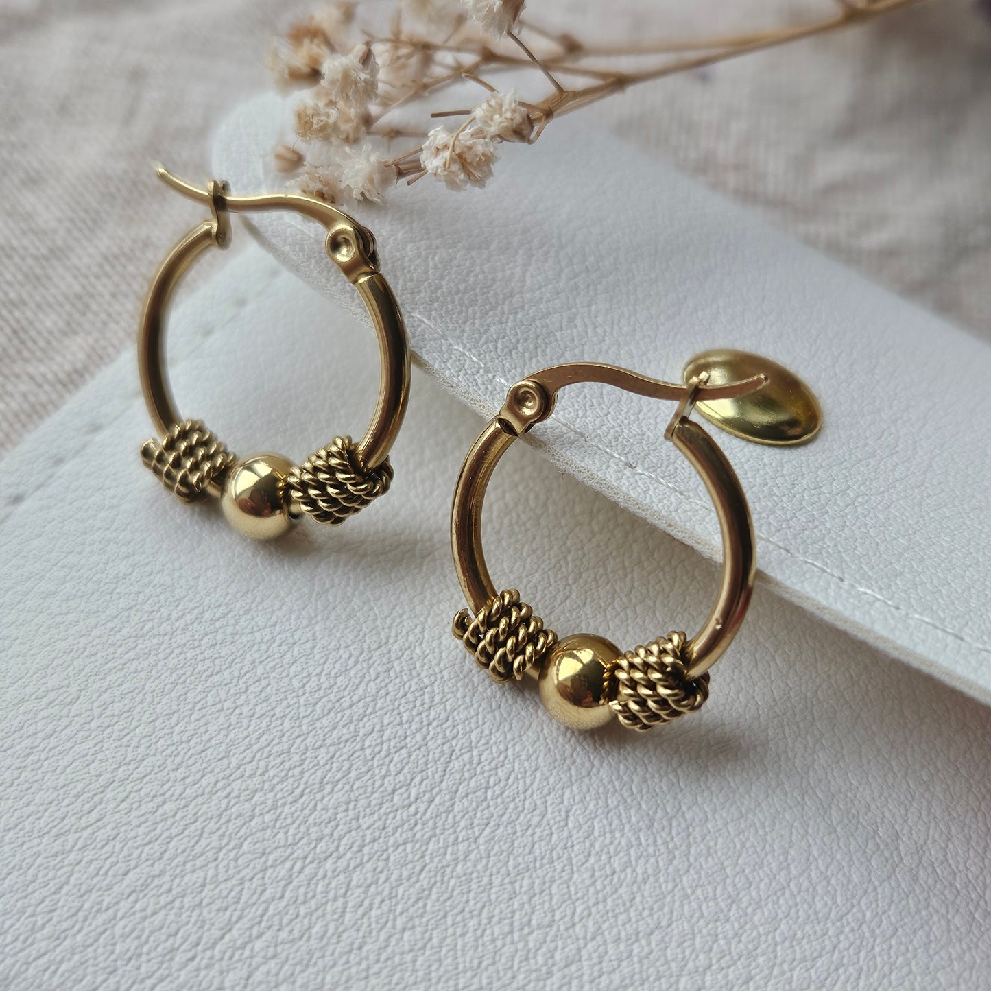 Gold Hoop Earrings with Textured Bead Detail