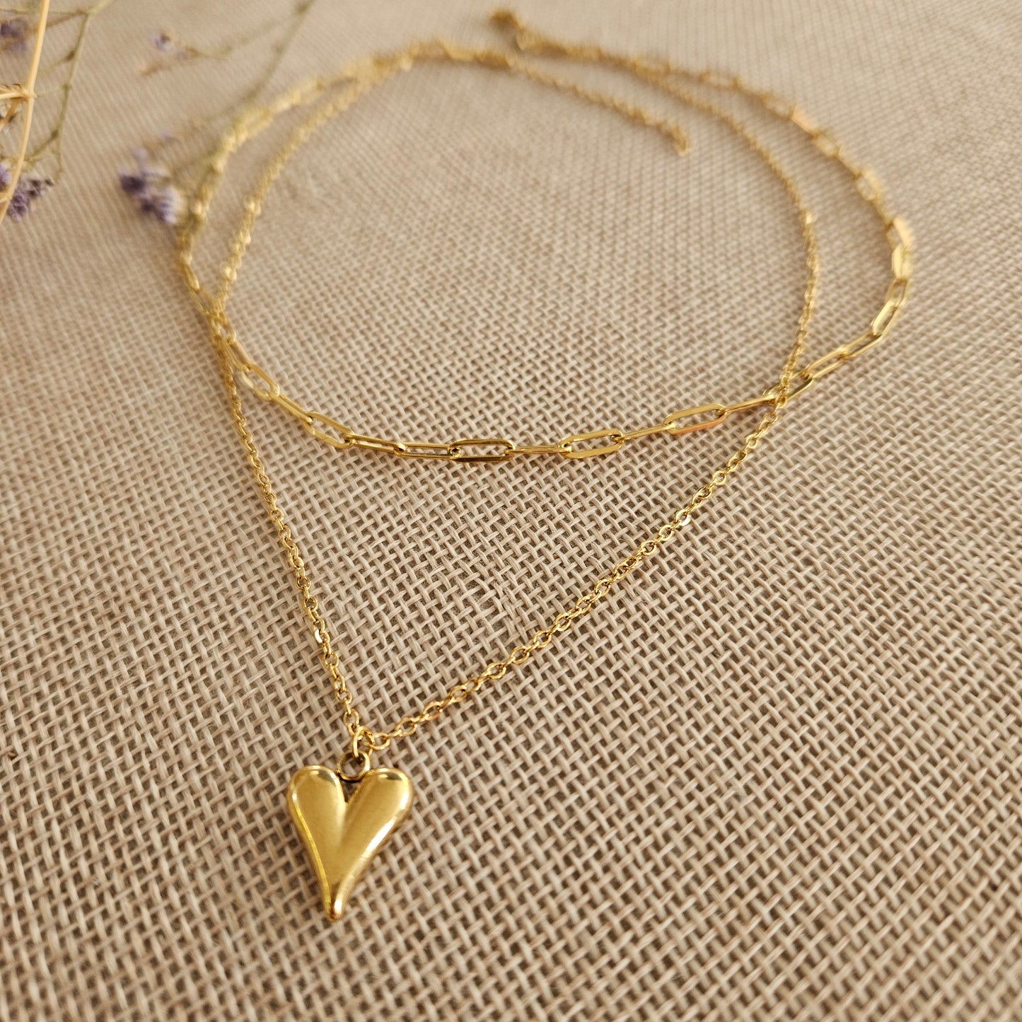 Double layer paperclip necklace with heart pendant