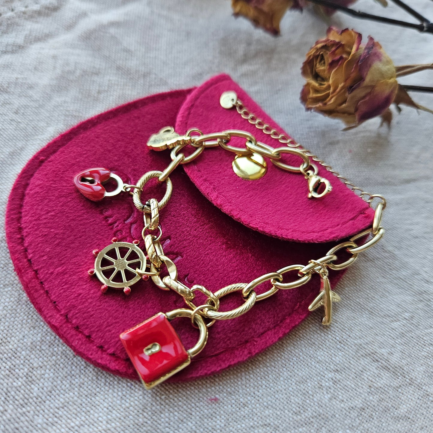 Gold Charm Bracelet with Red Enamel Padlock & Charms