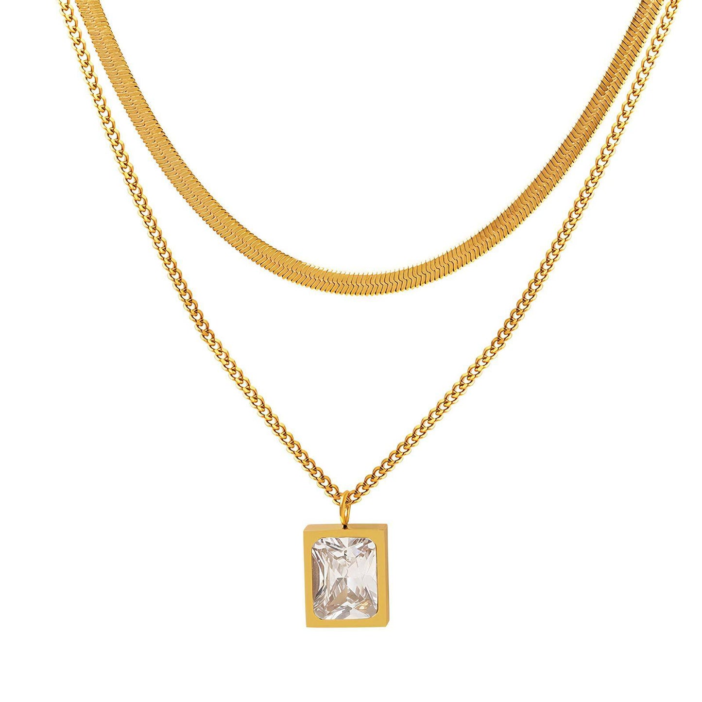 Sparkling Sophistication: Double-Layer Necklace with Zirconia Square Pendant